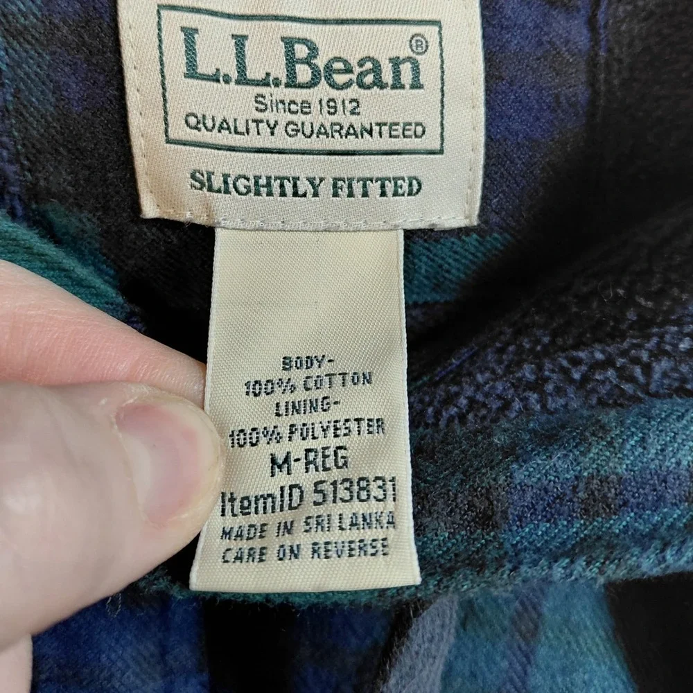 LL Bean M Plaid Fleece Lined Flannel Hoodie Navy Teal Shacket 513831